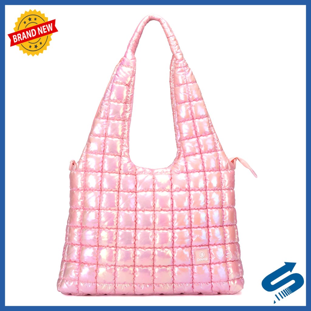 Large Quilted Puffer Tote Bag, Lightweight Nylon, Multi-Pocket Shoulder Handbag